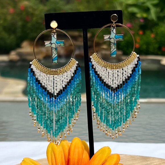 Handmade Beaded Long Faith Fringe Cross Dangle Drop Lightweight Post Earrings - Picture 8 of 11